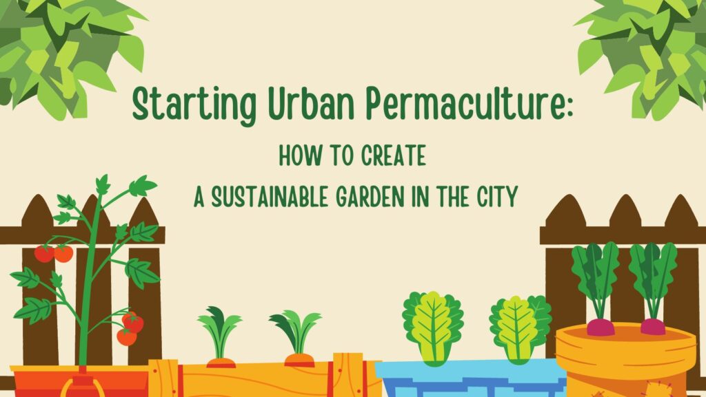Image of container garden with a variety of vegetables and the post title which reads
Starting Urban Permaculture: How to Create A Sustainable Garden In The City